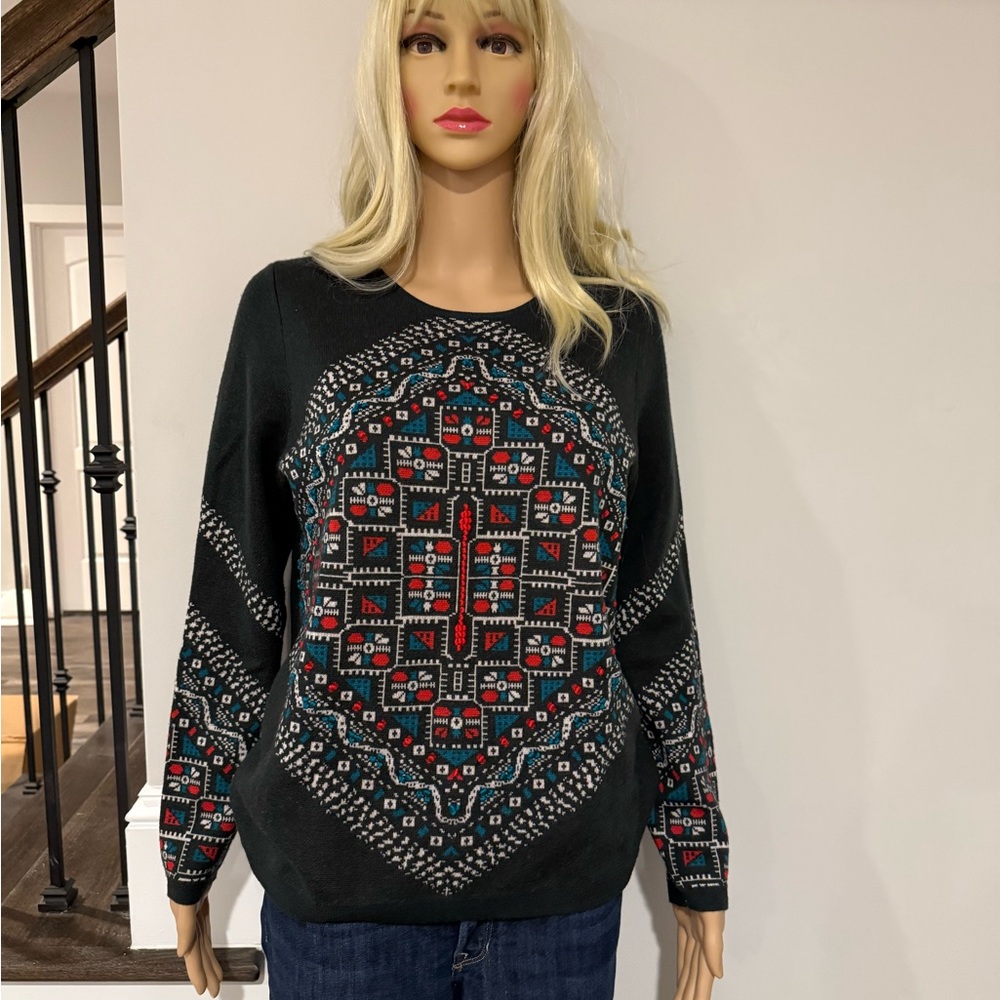 J. Crew geometric dark green with blue and red Merino wool sweater